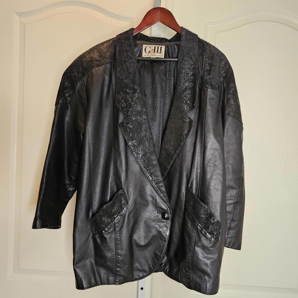 G-III Stylish Black Leather Blazer Jacket for Women Vintage 1980s